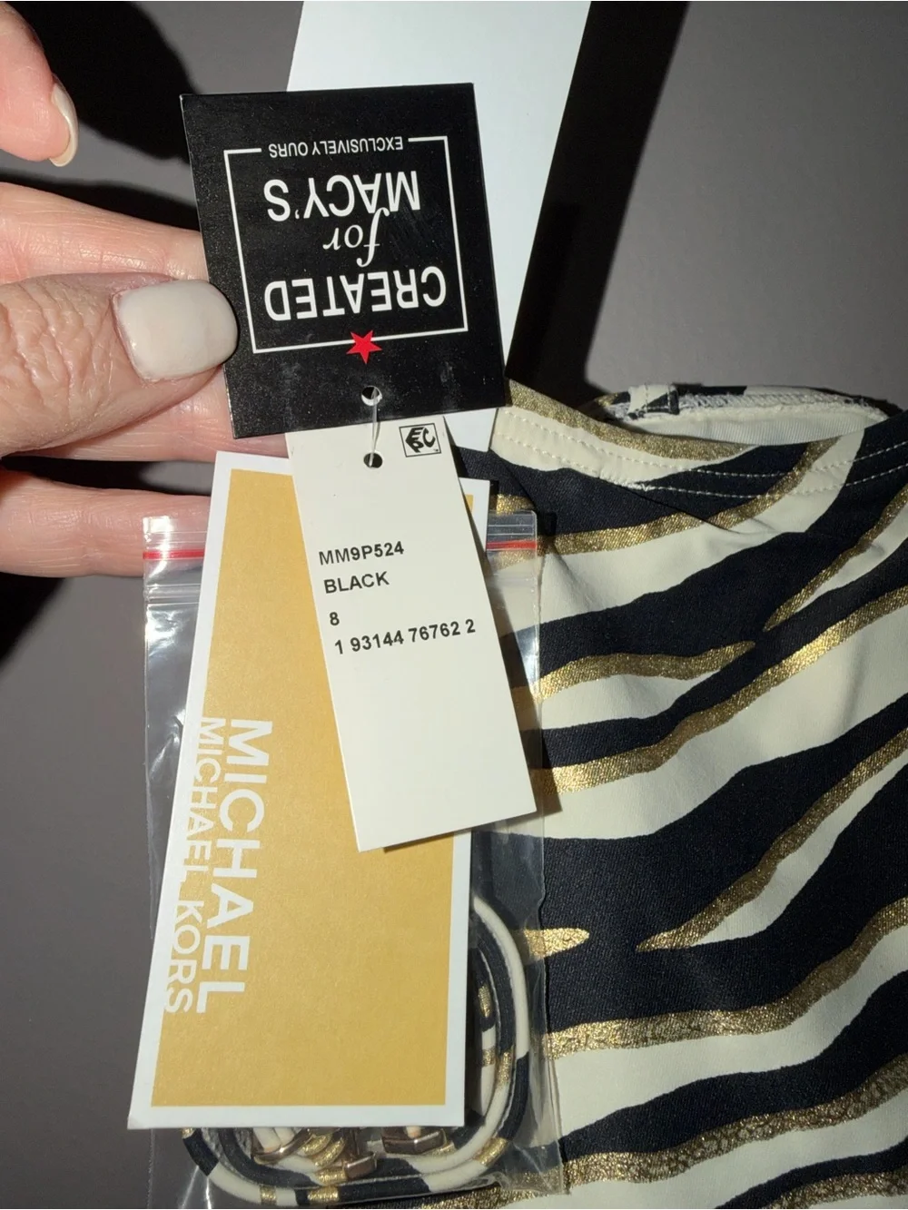 Michael Kors Black, White & Gold Zebra Stripe One-Shoulder Swimsuit - Picture 8 of 9